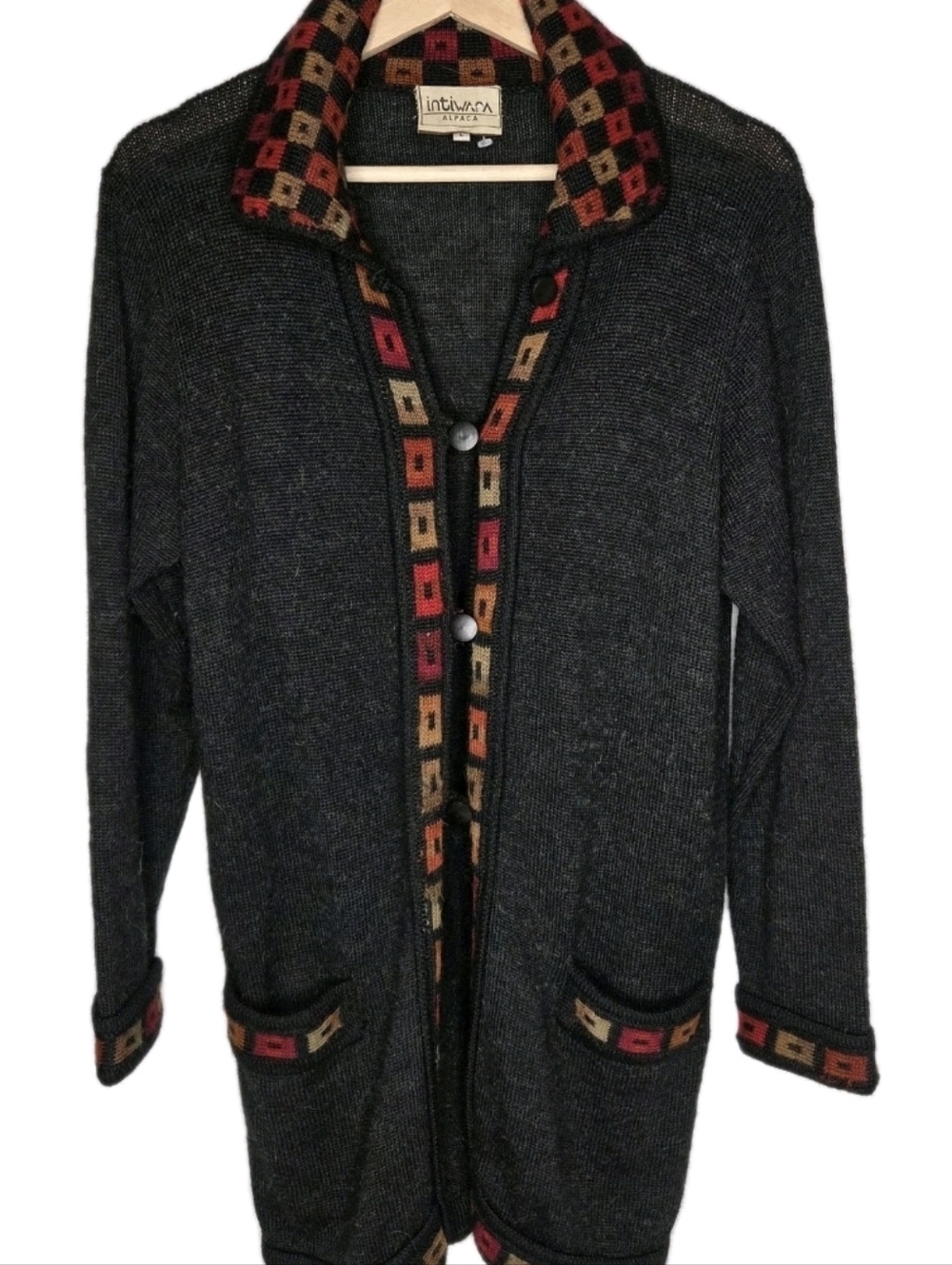 Intawara Alpaca Dark Gray Cardigan with Multicolor Trim